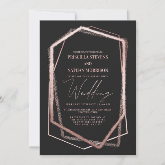 Invitation Terrarium Rose Gold Geo Linear Border Chic Mariage (Devant)