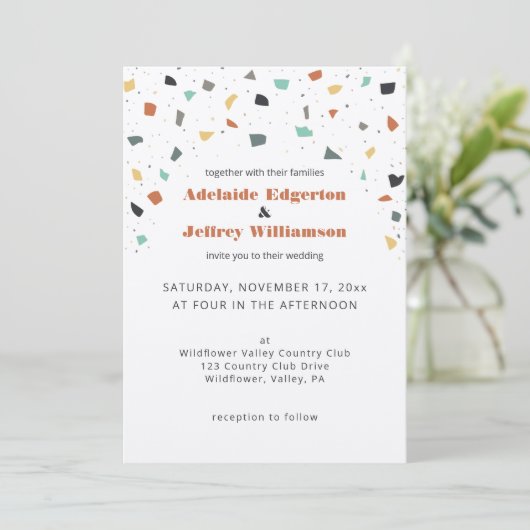 Invitation Terrazzo Tile Confetti Style Moderne Tons de Terre (Debout devant)