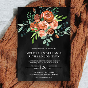 Invitation Terre brûlé Orange Roses Floral gris foncé Mariage