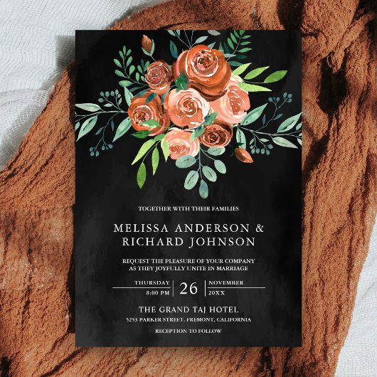 Invitation Terre brûlé Orange Roses Floral gris foncé Mariage