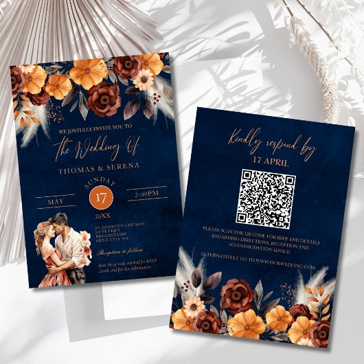 Invitation Terre Cuite Bleu Marine Code QR Herbe de la Pampa