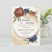 Invitation terre cuite bleu marine fleuri mariage (Debout devant)