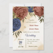 Invitation terre cuite bleu marine fleuri mariage (Devant)