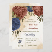 Invitation terre cuite bleu marine fleuri mariage (Devant / Derrière)