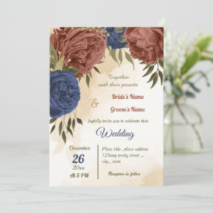 Invitation terre cuite bleu marine fleuri mariage