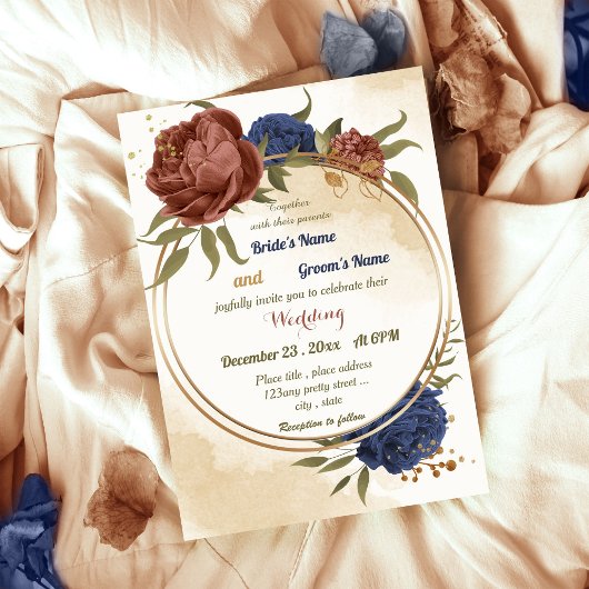 Invitation terre cuite bleu marine fleuri mariage