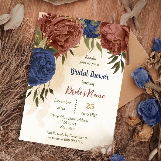 Invitation terre cuite bleu marine floral vert nuptiale douch