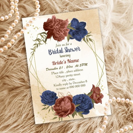 Invitation terre cuite bleu marine floral vert nuptiale douch