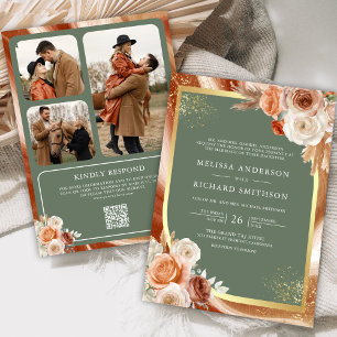 Invitation Terre cuite Code QR Photo Vert Sauge Floral Mariag