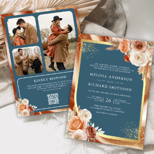 Invitation Terre cuite Fleurs Bleu Poussiéreux Code QR Photo
