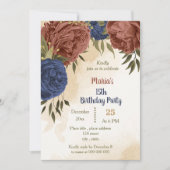 Invitation terre cuite marine bleu floral vert anniversaire (Devant)
