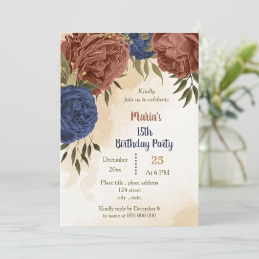 Invitation terre cuite marine bleu floral vert anniversaire (Debout devant)