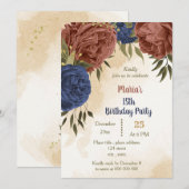 Invitation terre cuite marine bleu floral vert anniversaire (Devant / Derrière)