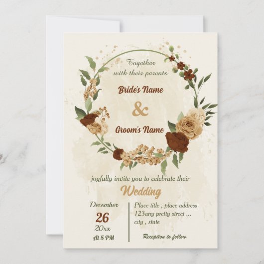 Invitation terre cuite tonalité de terre mariage vert fleuri (Devant)