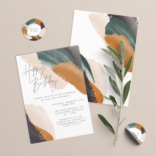 Invitation Terre cuite verte Aquarelle abstraite Anniversaire