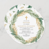 Invitation Terre de Noël vert feuille d'or baptême (Devant / Derrière)