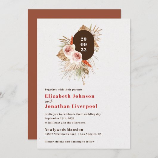 Invitation Terre fleurie boho désert tons terre cuite mariage (Devant / Derrière)