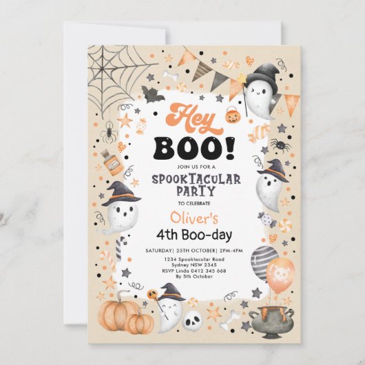 Invitation Terre Orange Noir Halloween Ghost Boy Anniversaire (Devant)