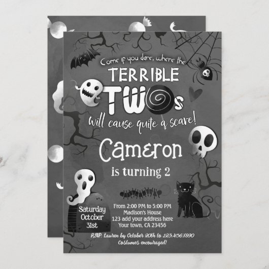Invitation Terrible Two Black & White Spooktacular Halloween (Devant / Derrière)