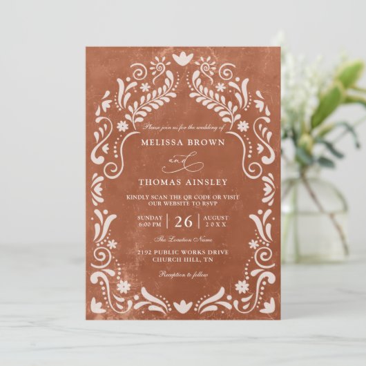Invitation Terrocotta Papel Picado Budget QR Code Wedding (Debout devant)