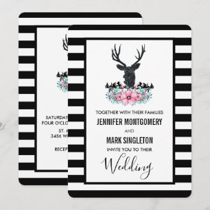 Invitation Tête de cerf noir avec fleurs roses et mariage en 