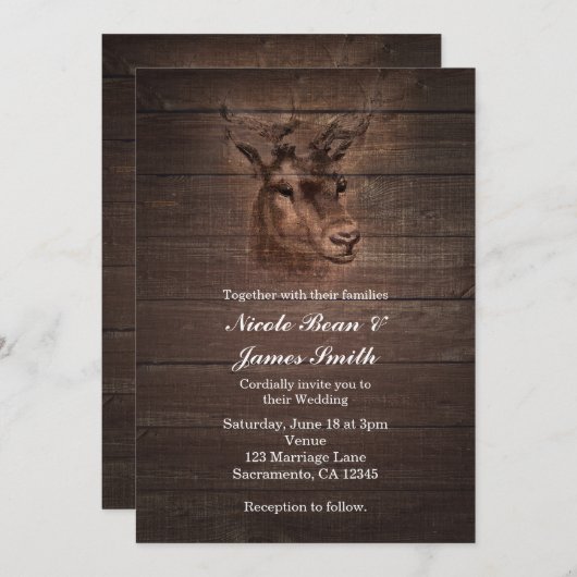 Invitation Tête de cerf & sombres Rustique mariage en bois In (Devant / Derrière)