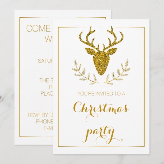 Invitation Tête de cerf texturée en feuille d'or faux pour la (Devant / Derrière)