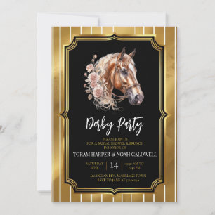 Invitation Tête de Cheval à l'aquarelle Noir et Or de Luxe Ke