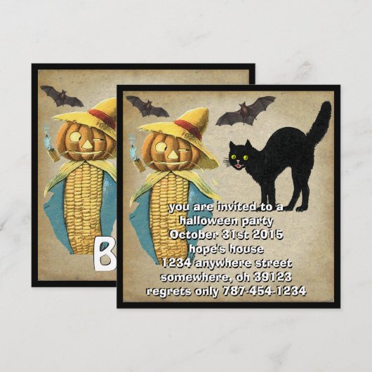 Invitation Tête de citrouille Chat noir Chauves-souris Invita (Devant / Derrière)