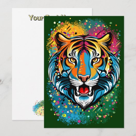 Invitation Tête de tigre couleurs arc-en-ciel peinture taches (Devant / Derrière)