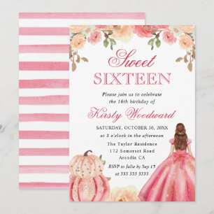 Invitation Tête rousse en robe rose citrouilles florales Swee