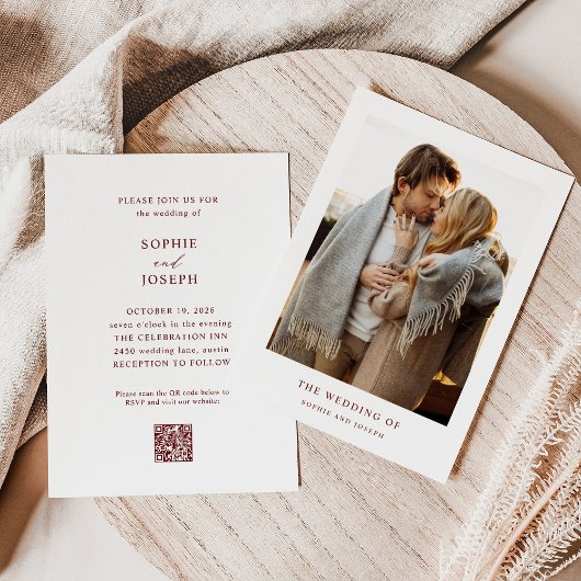 Invitation Texte blanc et rouge foncé | Mariage de code QR