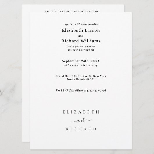 Invitation Texte de modèle de mariage (Devant / Derrière)