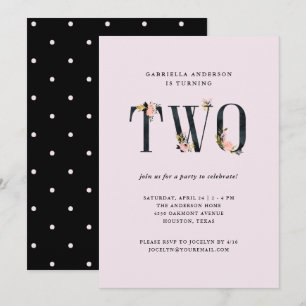 Invitation Texte floral noir sur rose Fête du deuxième anni