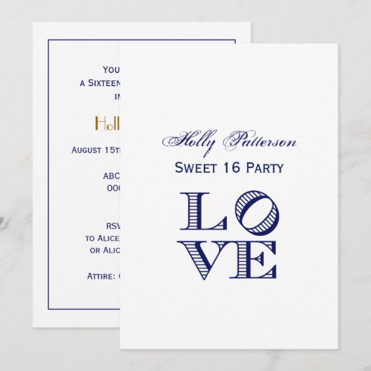 Invitation Texte graphique LOVE - Bleu (Devant / Derrière)