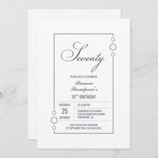 Invitation Texte gris élégant 70e fête d'anniversaire (Devant / Derrière)