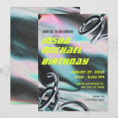 Invitation Texte holographique néon texturé futuriste d'anniv (Devant / Derrière)