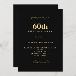 Invitation Texte minimaliste Black Gold 60e fête d'anniversai