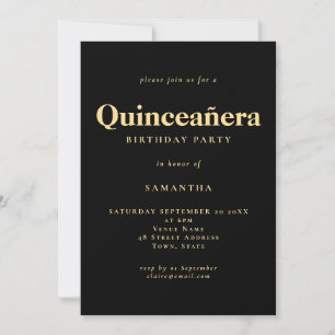 Invitation Texte minimaliste Or Noir Quinceañera Anniversaire