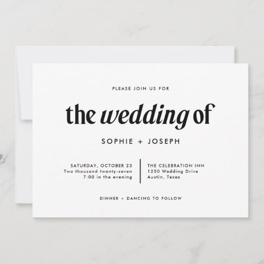Invitation Texte moderne | Mariage noir et blanc avec code QR (Devant)