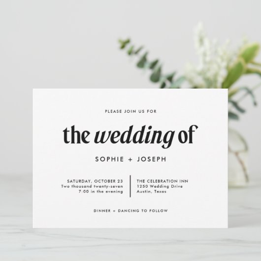 Invitation Texte moderne | Mariage noir et blanc avec code QR (Debout devant)