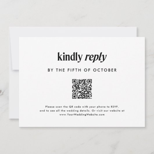 Invitation Texte moderne | Mariage noir et blanc avec code QR (Dos)