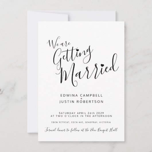 Invitation Texte simple en noir mono sur mariage blanc (Devant)