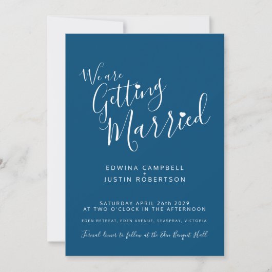 Invitation Texte simple et bleu coeur mariage blanc invite (Devant)