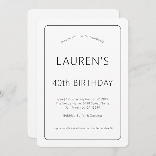 Invitation Texte simple Noir blanc seulement 40e fête d'anniv (Devant / Derrière)