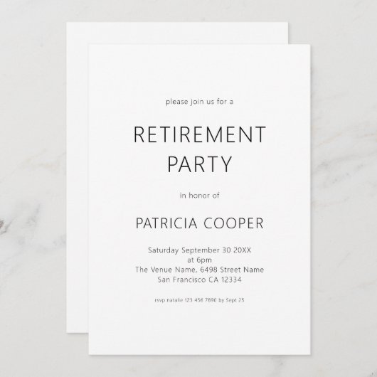 Invitation Texte simple Partie de retraite en noir et blanc u (Devant / Derrière)
