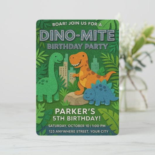 Invitation Textes de Felt Jurassic Playground Dinosaur Annive (Debout devant)