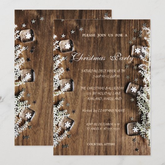 Invitation Texture de bois, flocons de neige, fête de Noël d' (Devant / Derrière)