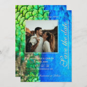 Invitation Texture de plume verte bleue de paon Mariage d'été (Devant / Derrière)