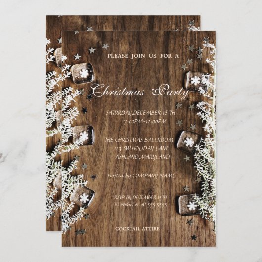 Invitation Texture en bois, Snowflakes, Fête de Noël d'entrep (Devant / Derrière)